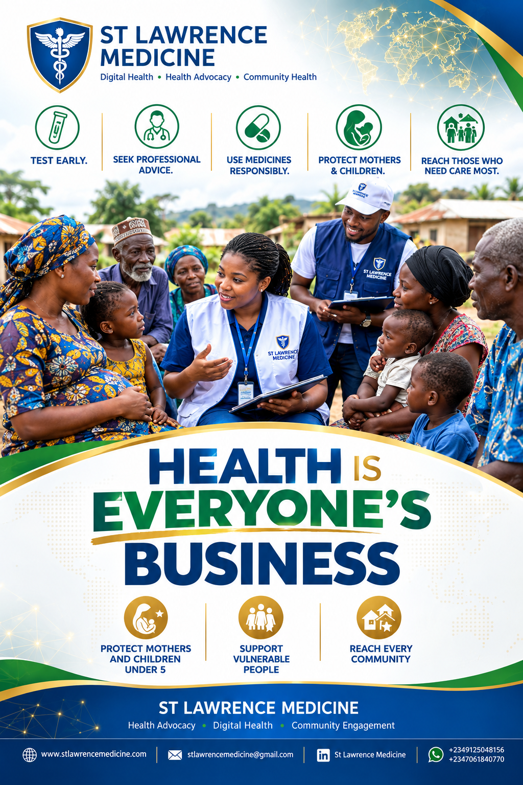 St. Lawrence Medicine global health advocacy campaign showing community health workers and the message Health Is Everyone's Business